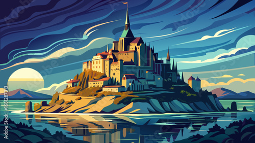 Mont-Saint-Michel, France, rises from tidal waters, crowned with abbey towers and medieval walls. Moonlit sea glistens around it; semi-realistic flat vector emphasizing dramatic silhouette and serene 