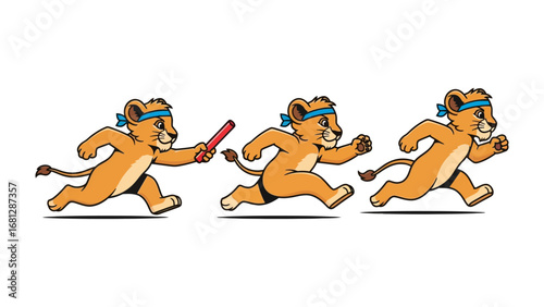 Relay Race: Animated lion cubs engage in a spirited relay race, embodying teamwork, determination, and youthful energy. 