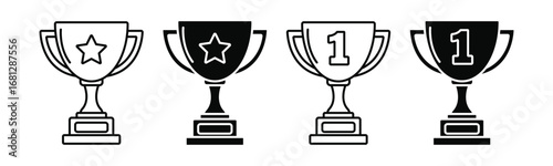 Outline Vector Trophy Icons with Star and Number 1 
