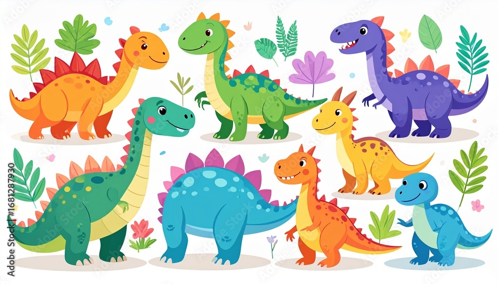 Fototapeta premium Collection of cute dinosaurs. Hand drawn cartoon brontosaurus, tyrannosaurus,