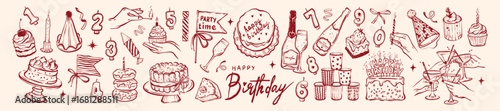 Birthday party doodle illustration set, hand drawn holiday decoration icon, festive cake dessert. Vector whimsical dinner object champagne drinks, anniversary festive candle pie. Birthday doodle print