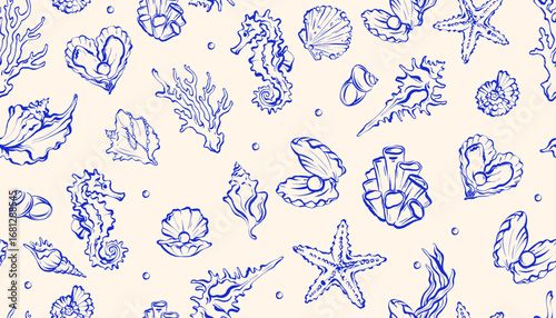 Ocean seamless pattern, vector doodle sea shell hand drawn texture, nautical whimsical background. Coastal summer elegant repeat decor print, marine textile surface design. Underwater ocean pattern