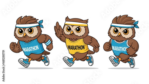 Marathon Owl: A trio of animated owls showcases their athletic prowess, clad in running attire. This illustration exudes energy, motion, and the spirit of competition.