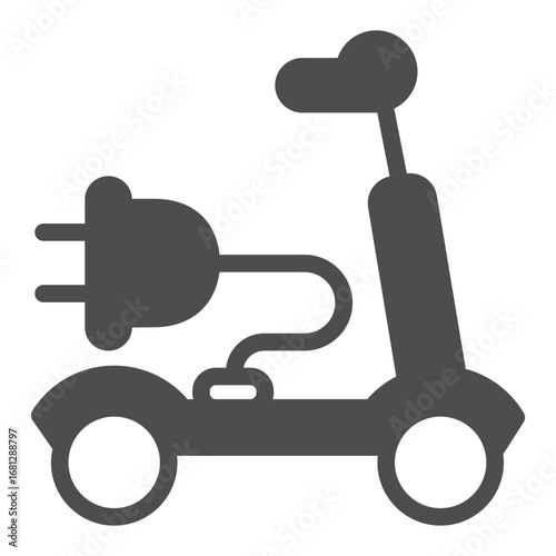 Electric scooter, plug and wire solid icon, recharging electric transportation concept, smart vehicle sign on white background, glyph style icon for mobile and web design. Vector graphics.