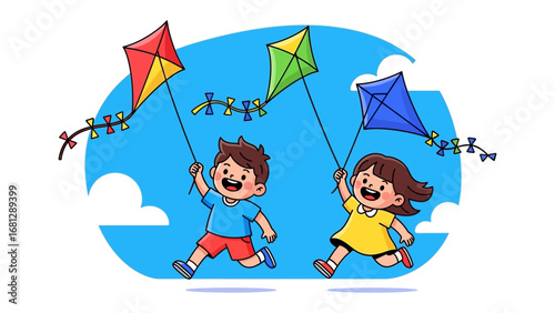 Kites Soaring Skyward: Two happy children run joyfully, each with a vibrant kite dancing high in the cheerful sky, embodying the pure delight of outdoor play and a carefree childhood.