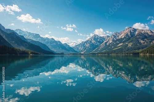 A lake bordered by mountains in shades of blue and white