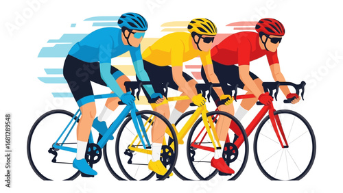 Cycling Competition: A vibrant illustration showcases three cyclists in a dynamic race, embodying the intensity and exhilaration of a cycling competition. Their focus and determination.