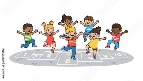 Children enjoying hopscotch game: a cheerful illustration captures a group of diverse children joyfully engaged in a game of hopscotch. The image encapsulates playful childhood and the spirit of fun.