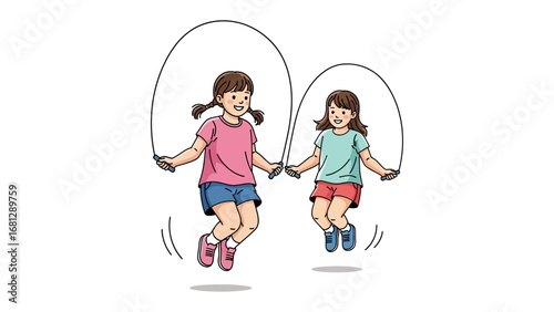 Playful Hearts in Motion: Two joyful young girls bounce to the rhythm of their shared jump rope, embodying the essence of friendship and boundless fun. 