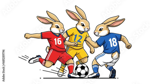 Rabbit Soccer Team: Dynamic illustration of three playful rabbits engaged in a competitive soccer match, dribbling the ball and striving for victory on the green field.