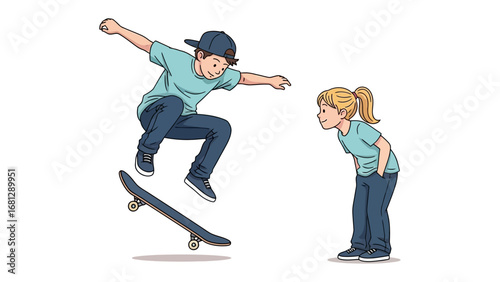 Skateboarder performing a jump and girl watching: Capturing the thrill of urban skateboarding and the supportive connection between a boy and a girl in a vibrant display of skill, admiration.