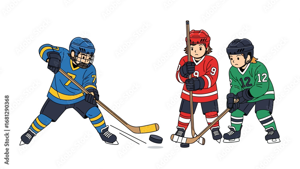 Obraz premium Hockey Game: Illustrative depiction of a youth hockey game in full swing, capturing the dynamic action of the sport, featuring three determined players with sticks and puck.
