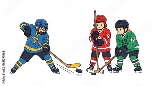 Hockey Game:  Illustrative depiction of a youth hockey game in full swing, capturing the dynamic action of the sport, featuring three determined players with sticks and puck.