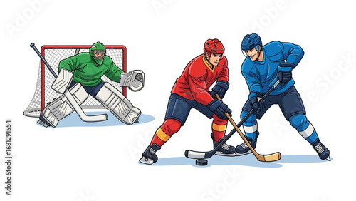 Hockey Match: A dynamic illustration captures the fast-paced action of a hockey game, showcasing two players in a face-off, while the goalie stands ready to defend the goal.