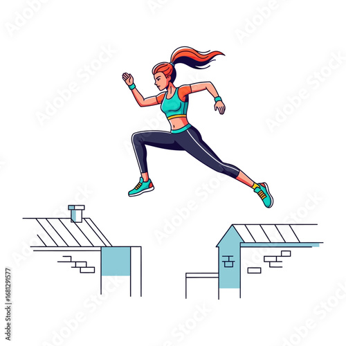 Defying Limits: A determined athlete conquers a gap between two buildings, symbolizing achievement of personal fitness, resilience, and determination in a dynamic display of movement.