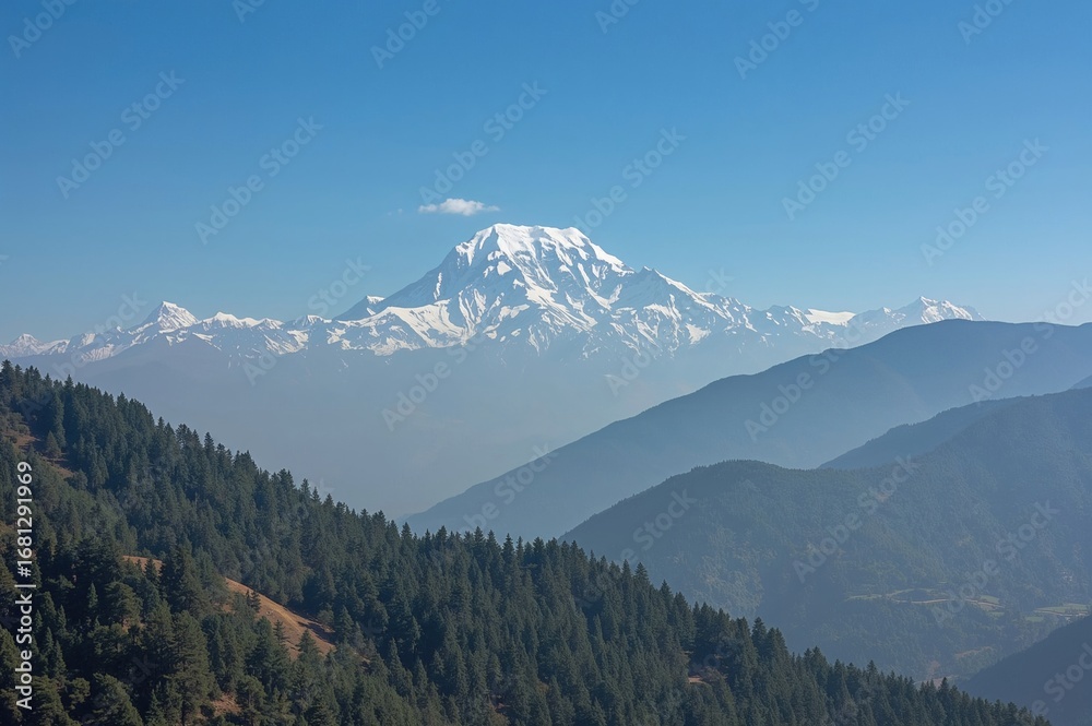 Obraz premium Sunrise expansive sight of a towering mountain in the Himalayas, vast Himalayan panorama, majestic mountain range in northern regions