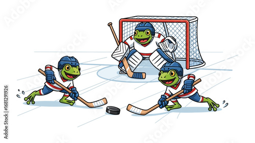 Frogs' Ice Hockey Game: A thrilling cartoon scene where adorable frogs compete in a spirited ice hockey match, showcasing agility and teamwork.