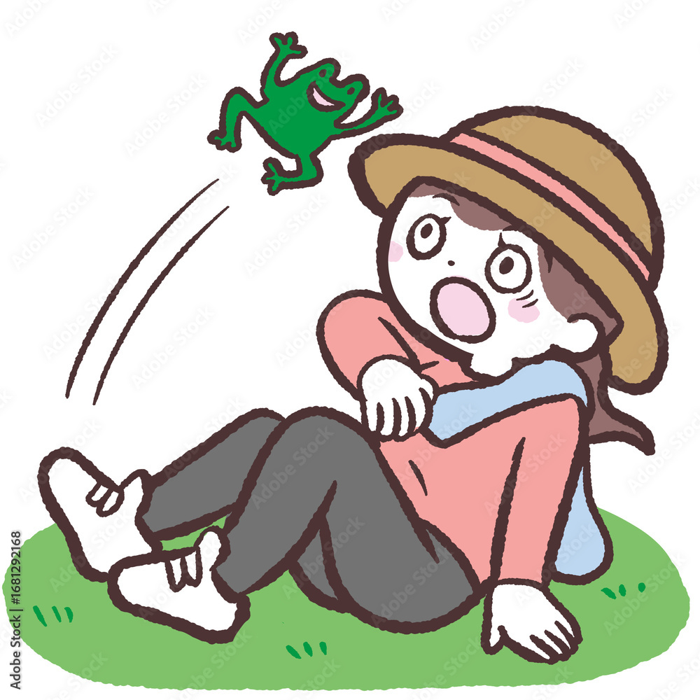 Obraz premium カエルに驚いてしりもちつく女性のイラスト