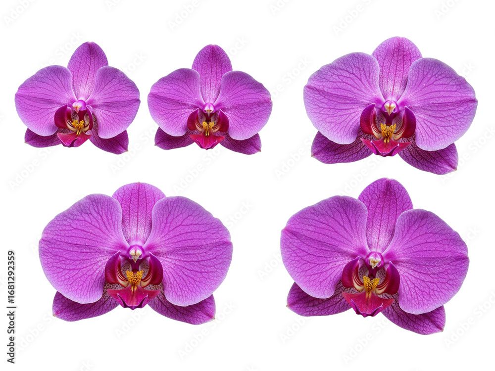 Fototapeta premium Beautiful purple orchid blooms displayed in a symmetrical arrangement against a deep backdrop transparent background