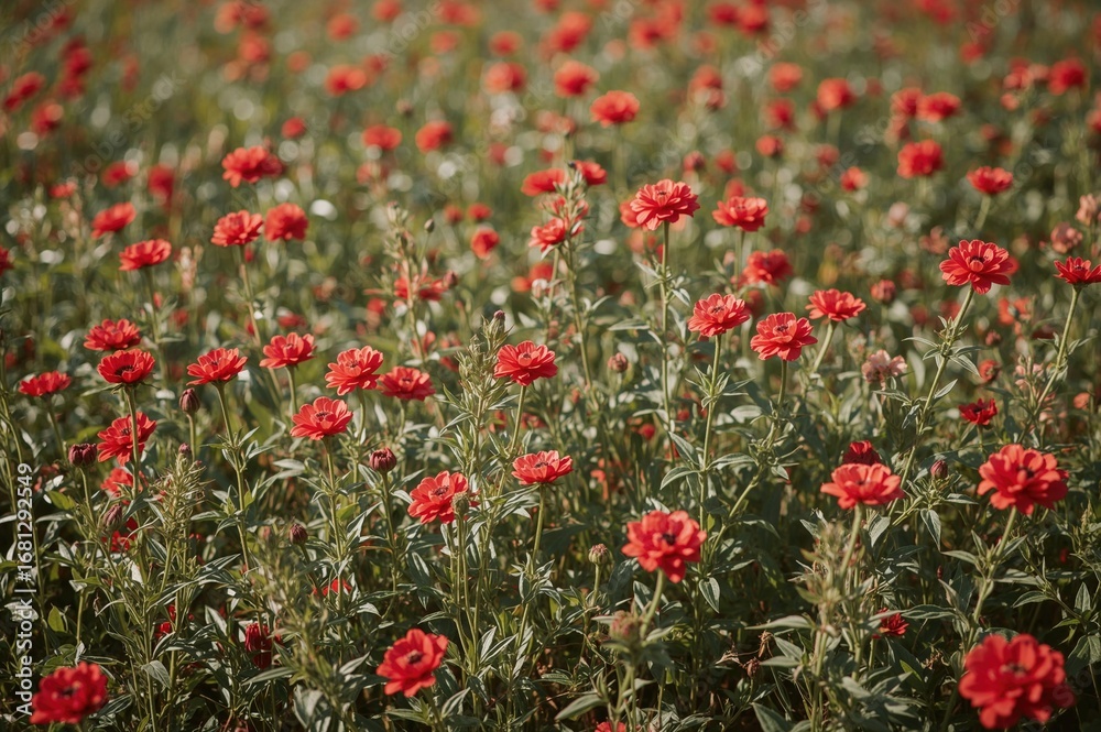 Fototapeta premium Lush green garden filled with vibrant red blossoms in a natural setting, featuring floral textures and summer vibes