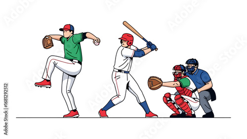 Baseball Action: Vibrant Illustration: A dynamic illustration captures the essence of a baseball game. Featuring the pitcher, batter, and catcher in full swing.