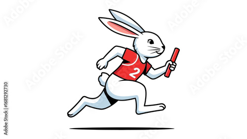 Rabbit Running Relay: A determined cartoon rabbit sprints with a baton in hand, embodying speed, agility, and the spirit of teamwork and competition.
