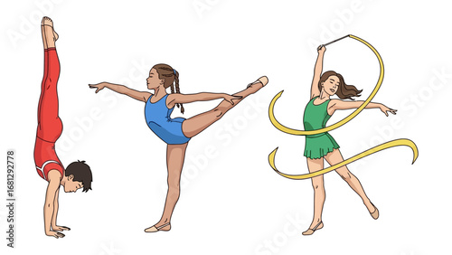Athletic Prowess in Motion: Dynamic illustrations capture the elegance and strength of gymnasts engaged in graceful movements and daring feats, set against a backdrop of artistic finesse.