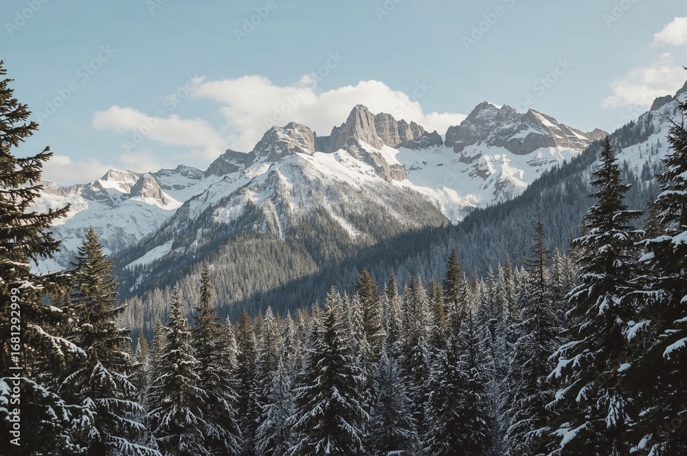 Fototapeta premium Snow-clad peaks and evergreen forests