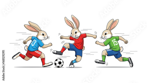 Rabbit's Soccer Game: Three animated rabbits engage in a spirited soccer match, illustrating the energy and excitement of the sport with dynamic, cartoonish flair.