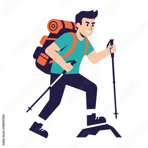 Adventurous Explorer: A determined hiker confidently ascends, equipped with a backpack and trekking poles, embodying the spirit of exploration and adventure.