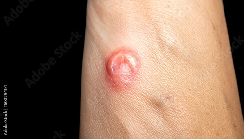 Red, inflamed lesion on a person's forearm