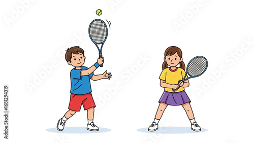 Tennis match of the childhood: Young boy and girl play tennis in a bright, clear illustration, focusing on the child's sporty skills