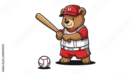 Baseball Bear: A cheerful cartoon bear in baseball attire, poised with a bat and ball, embodies the spirit of sportsmanship and playful competition.