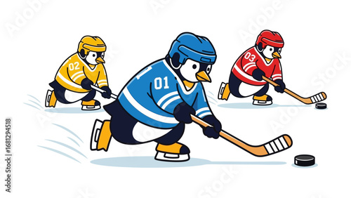 Penguin Hockey: In a snowy stadium, Three animated penguins engage in a fast-paced game of hockey, each equipped with hockey sticks and protective gear. The game is full of excitement and team play.