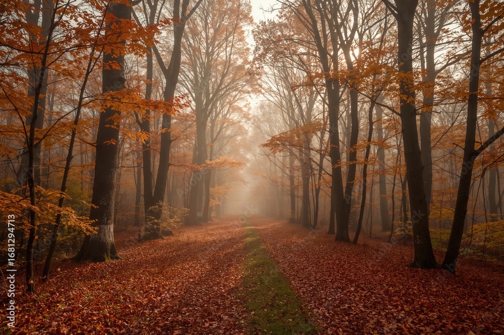 Fototapeta premium Foggy Autumn Path Through Beech Trees in the Forest