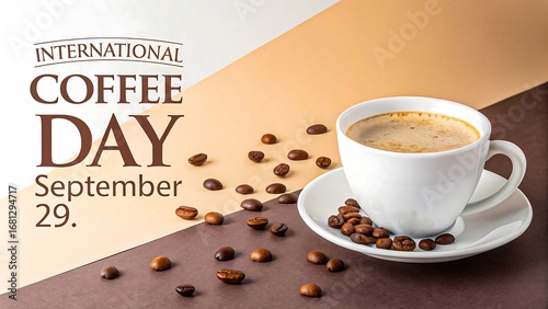International Coffee Day Poster with Coffee Beans and White Cup September 29
