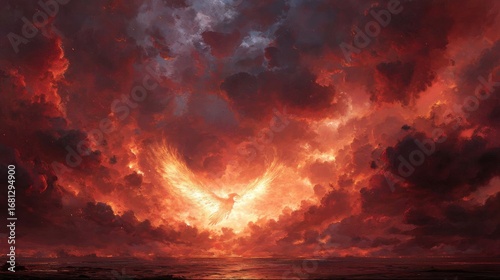 Phoenix soars through fiery clouds at dusk digital art fantasy concept art dramatic lighting