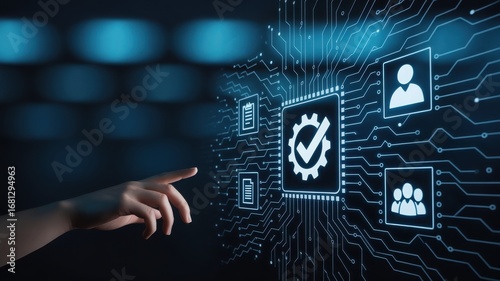 Digital transformation and technology automation with a finger touching a screen with icons and circuit board pattern.