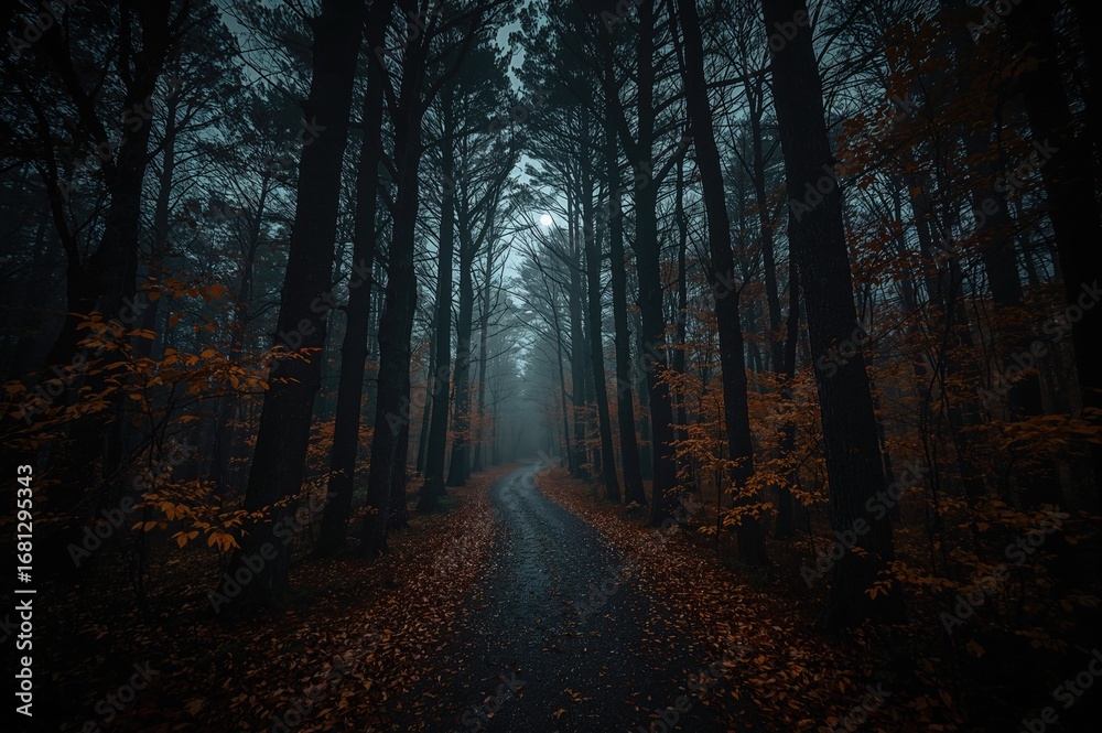 Obraz premium Enigmatic trail through a shadowy, mist-covered autumn woodland. Detailed high-resolution artwork.