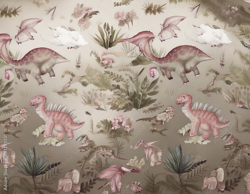 Fototapeta premium seamless pattern with baby dinosaurs. brontosaurus, tyrannosaurus, pterodactyl, tric