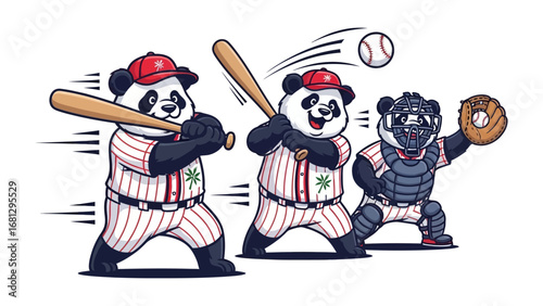 Panda Baseball Team: Three panda characters engage in a fun, playful baseball game, featuring a batter, pitcher, and catcher, the scene is full of lively activity and sportsmanship.