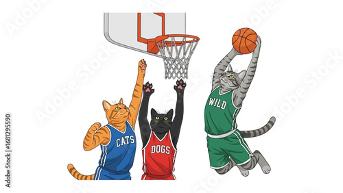 Cat Basketball Showdown: In a dynamic illustration, three animated cats engage in an energetic basketball game, vying for the chance to score and illustrating friendly competition, sportsmanship.