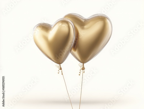 Two Golden Heart Balloons Floating in Air on White Background Love and Celebration Concept