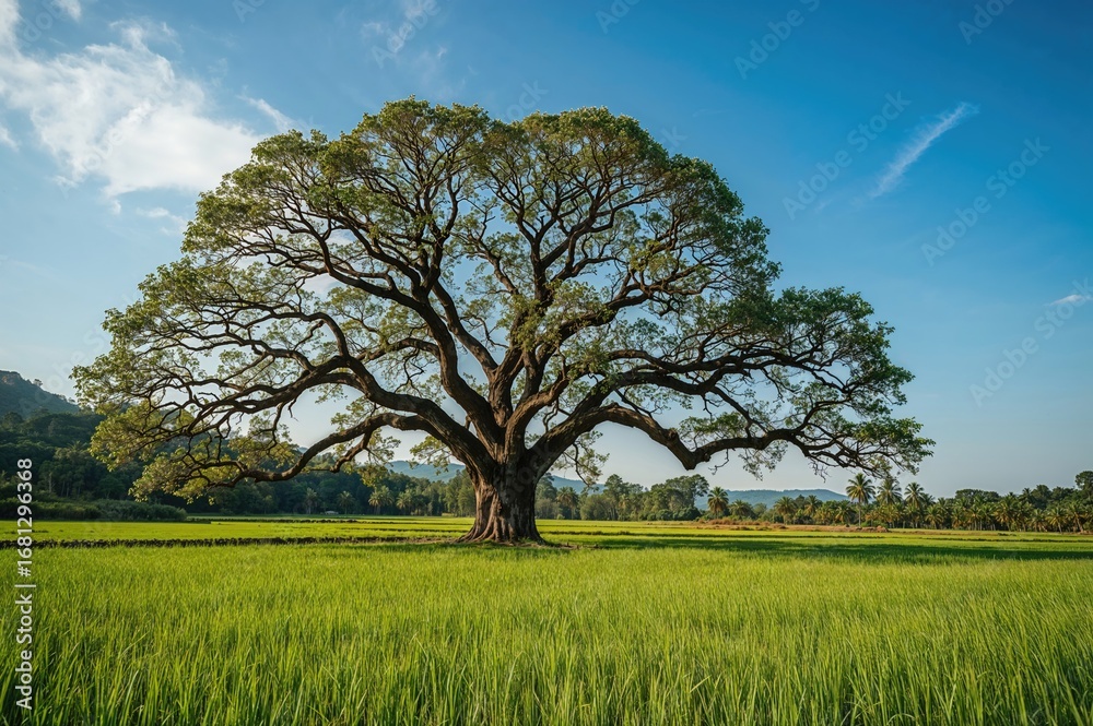 Obraz premium Tall tree located in a paddy field.