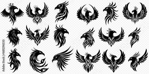 Collection of twenty black and white phoenix bird illustrations in various poses and artistic styles.