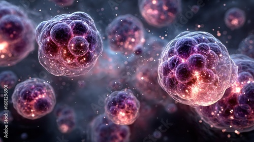 Iridescent celestial spheres resembling grapes, glowing in cosmic dust and emitting mysterious light.