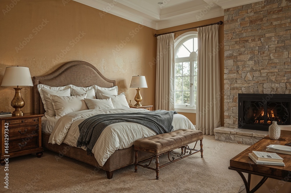 Fototapeta premium Large bedroom with king-size bed, fireplace, lamp, rug, table, and expansive window in a comfortable setting