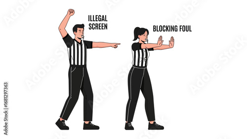 Basketball Referees' Calls: A comprehensive illustration showcasing a male and female referee, each displaying distinct signals to communicate a range of basketball fouls in the sport.