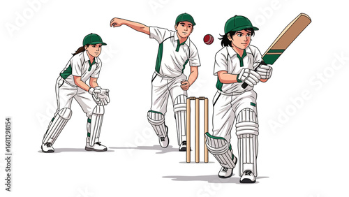 Cricket Players in Action: Illustrated scene of cricket players in full swing, capturing the dynamic energy of the sport