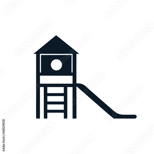 Dark blue playground slide with ladder and circular window on white background structure tower